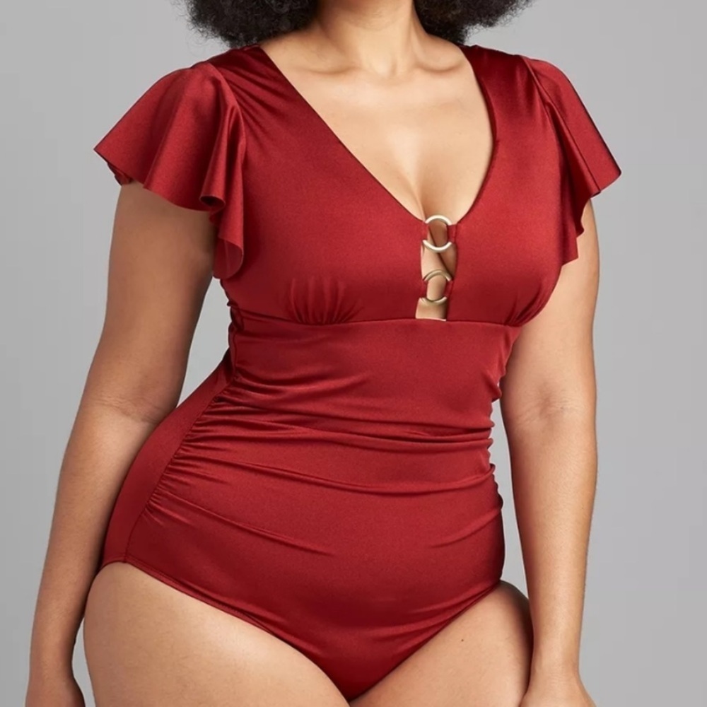 Swim by Cacique 28 No-Wire Flutter-Sleeve Red One Piece Swimsuit Lane Bryant NEW